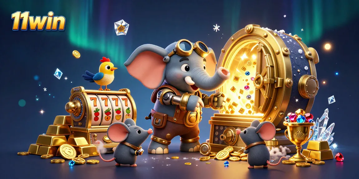 11win feature vibrant 3D illustration showcasing a steampunk elephant winning at slots amidst bursting treasure.
