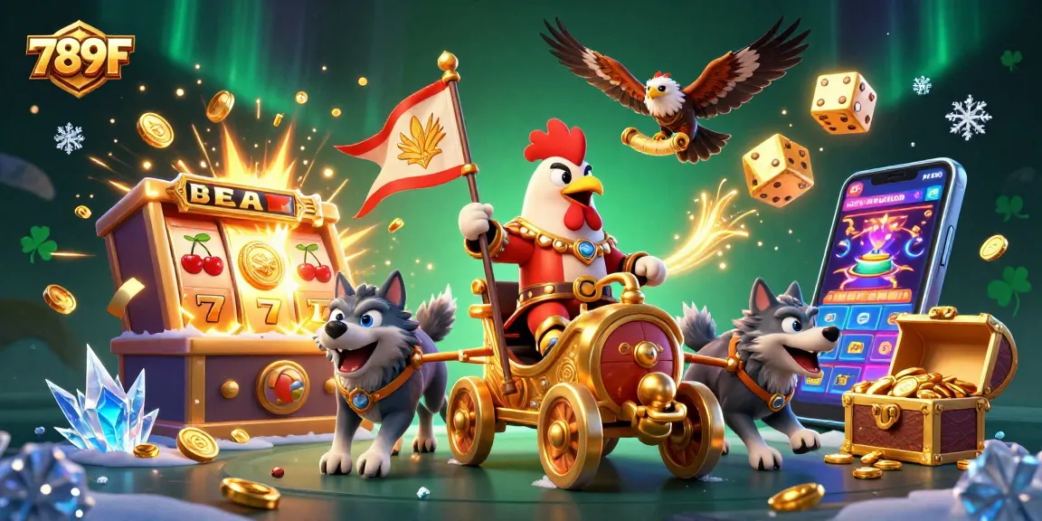 Experience the excitement of 789F with a dynamic scene of a rooster warlord and casino elements bursting with energy.