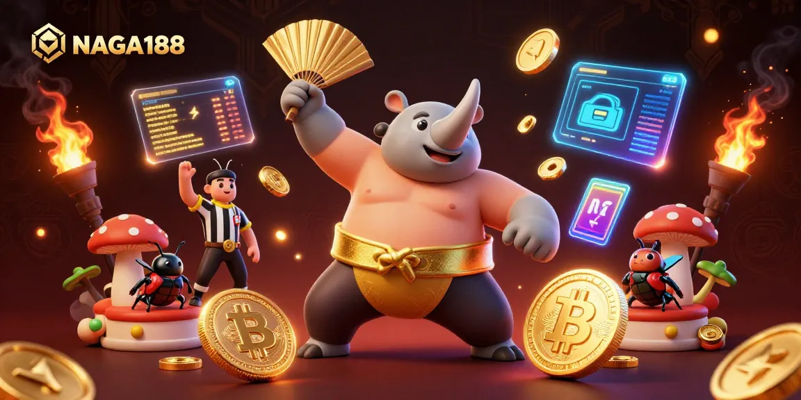 NAGA188 menampilkan kejuaraan sumo badak 3D yang mengalahkan dengan koin emas terbang dalam suasana kasino yang meriah.