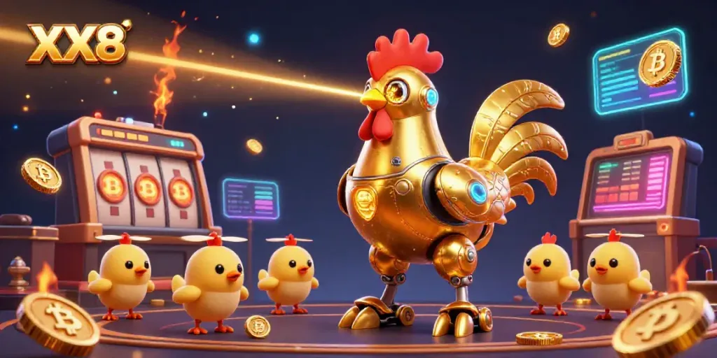 Engage in thrilling gambling with the dynamic XX8 casino scene showcasing a golden rooster robot and vibrant gaming elements.