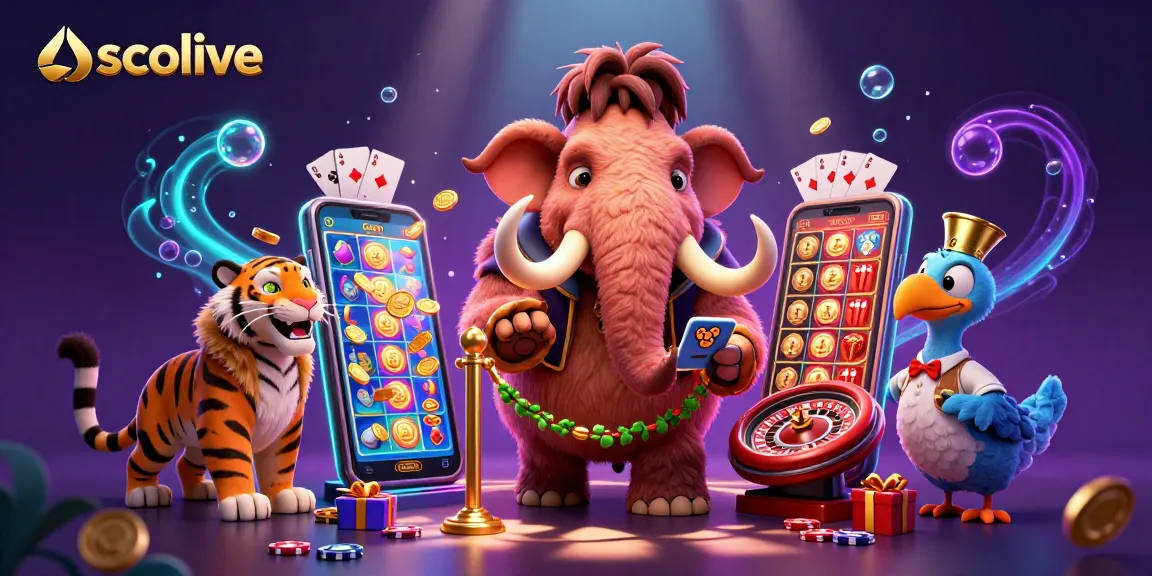 Socolive showcases a vibrant 3D casino scene featuring a woolly mammoth bouncer, saber-tooth VIP, and dodo doorman among slot games and piles of chips.