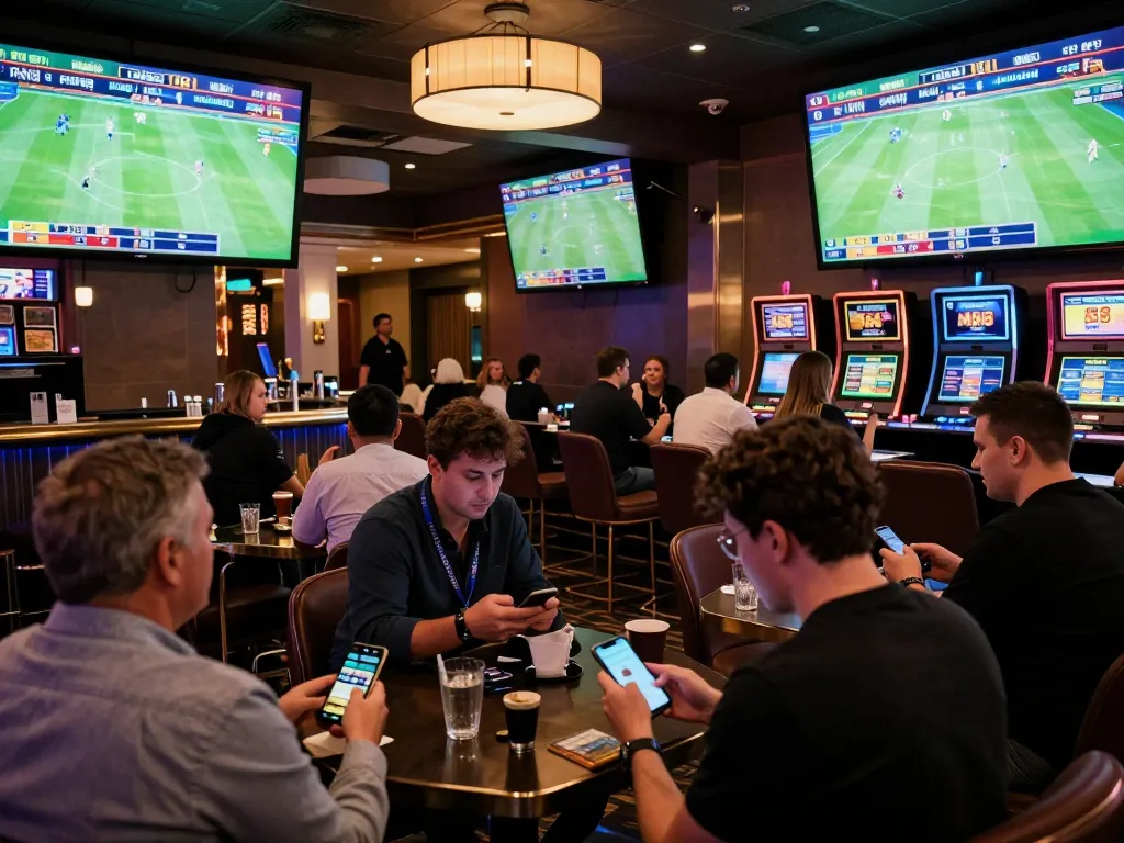 Patrons engaging with the MM88 app for sports betting in a lively lounge atmosphere