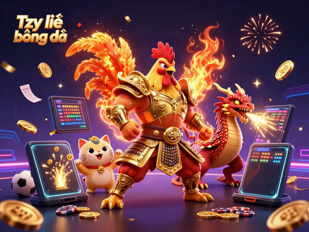 Engaging Tỷ lệ bóng đá scene with dynamic sports betting elements and vibrant characters.