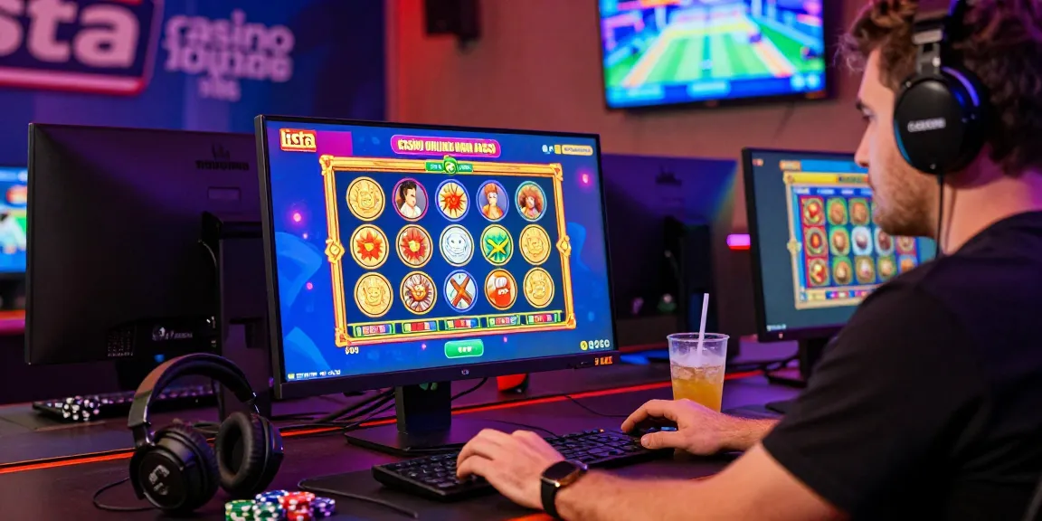 Giocatore che esplora lista casino online non AAMS su un vivace setup di gioco con promozioni emozionanti e accessori da gioco.