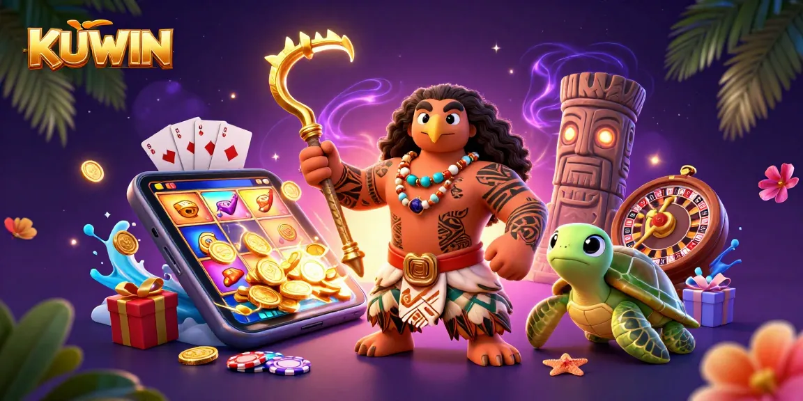 Engage with KUWIN's vibrant 3D casino experience showcasing a demigod hawk with gaming elements.