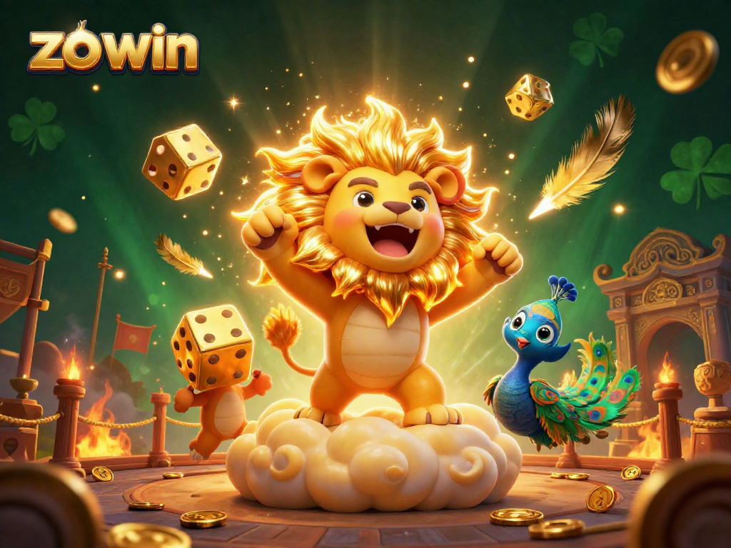Bet on zo win and enjoy exciting visuals of a vibrant casino world filled with golden dice and roaring creatures.