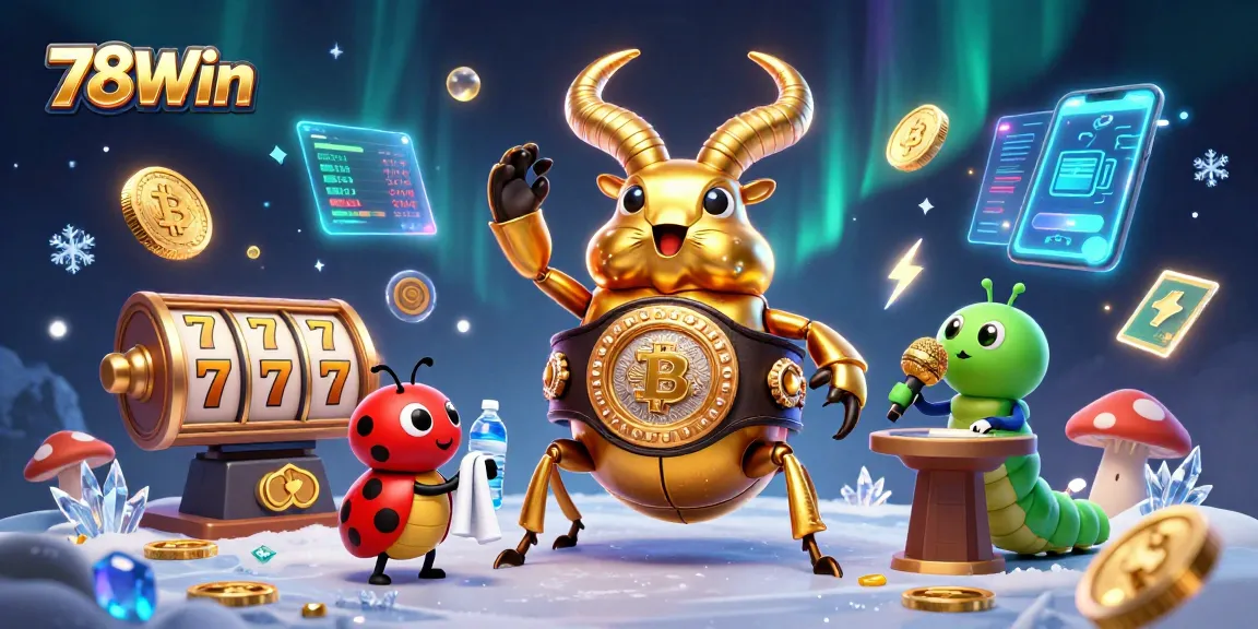 Experience high-energy gaming action at 78Win with vibrant illustrations of crypto elements and exciting casino atmosphere.