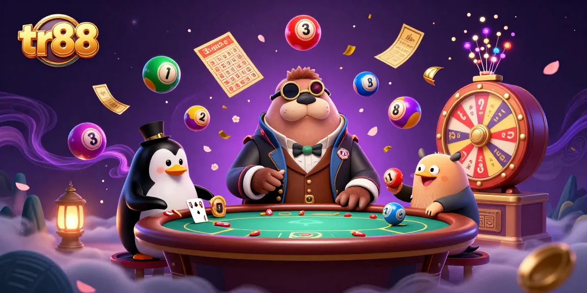 tr88 showcases an underwater poker game with a walrus, penguin dealer, and a bluffing pufferfish, capturing vibrant gambling excitement.