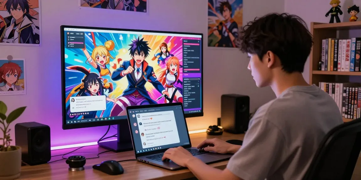 Immerse in ai ecchi chat with vibrant anime characters and a user enjoying interactive dialogues in a cozy room.