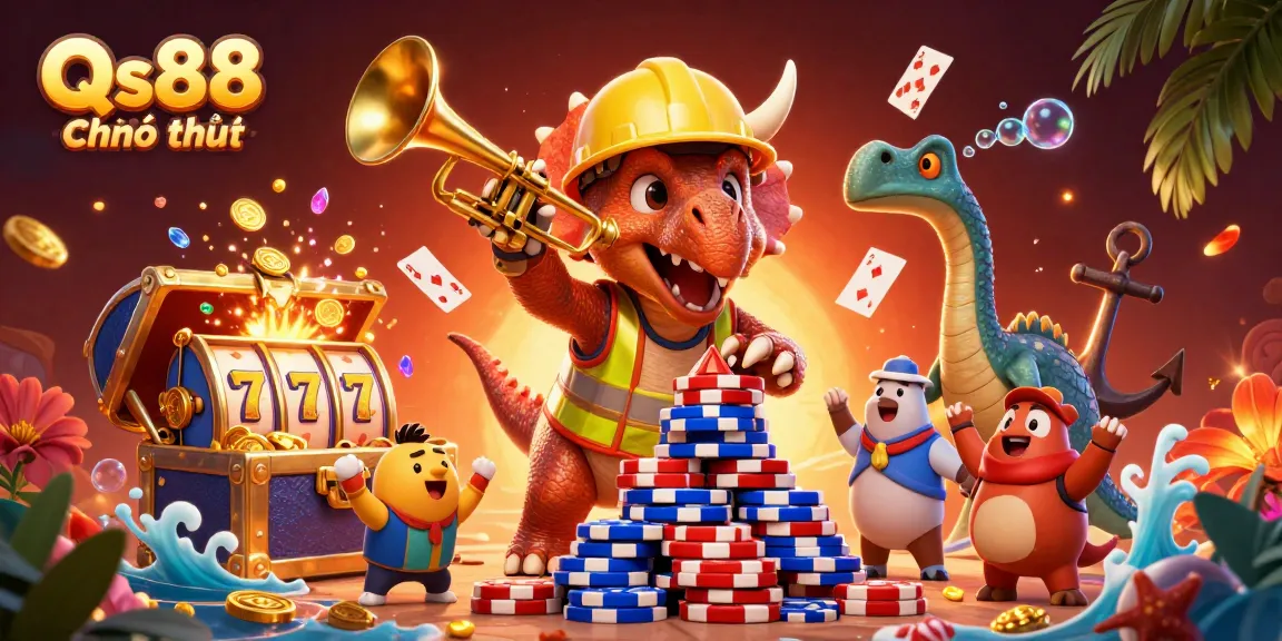 Experience the excitement of Qs88 chính thức with playful 3D characters amidst vibrant casino elements.
