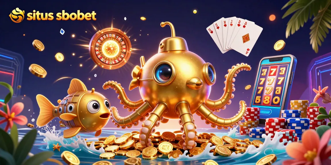 Experience thrilling action at situs sbobet with golden kraken submarine amidst cascading coins and vibrant casino elements