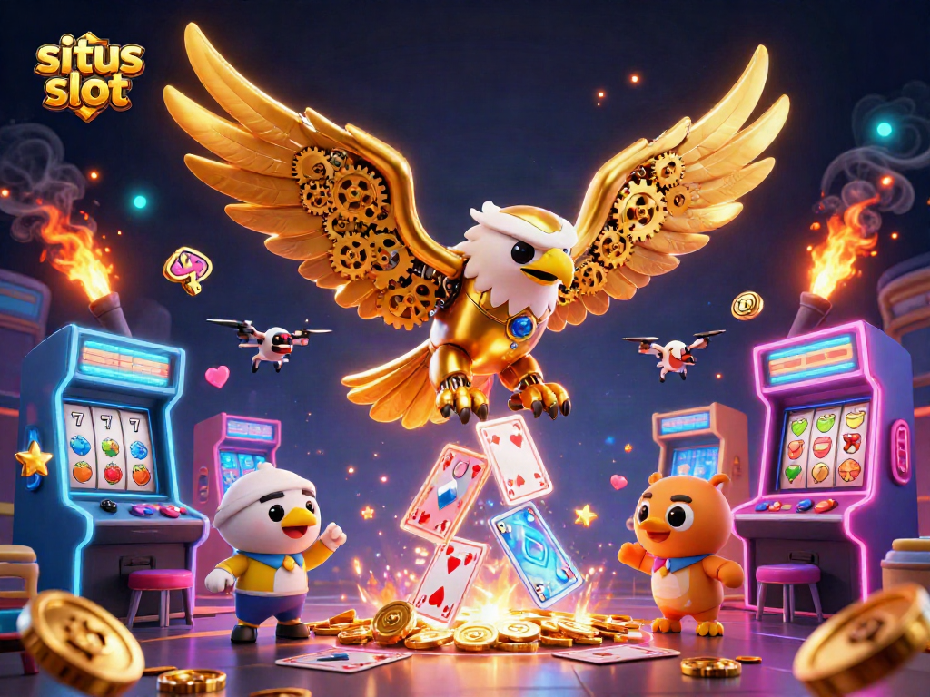 Engage with situs slot's vibrant gameplay featuring a cybernetic eagle among glowing casino elements.