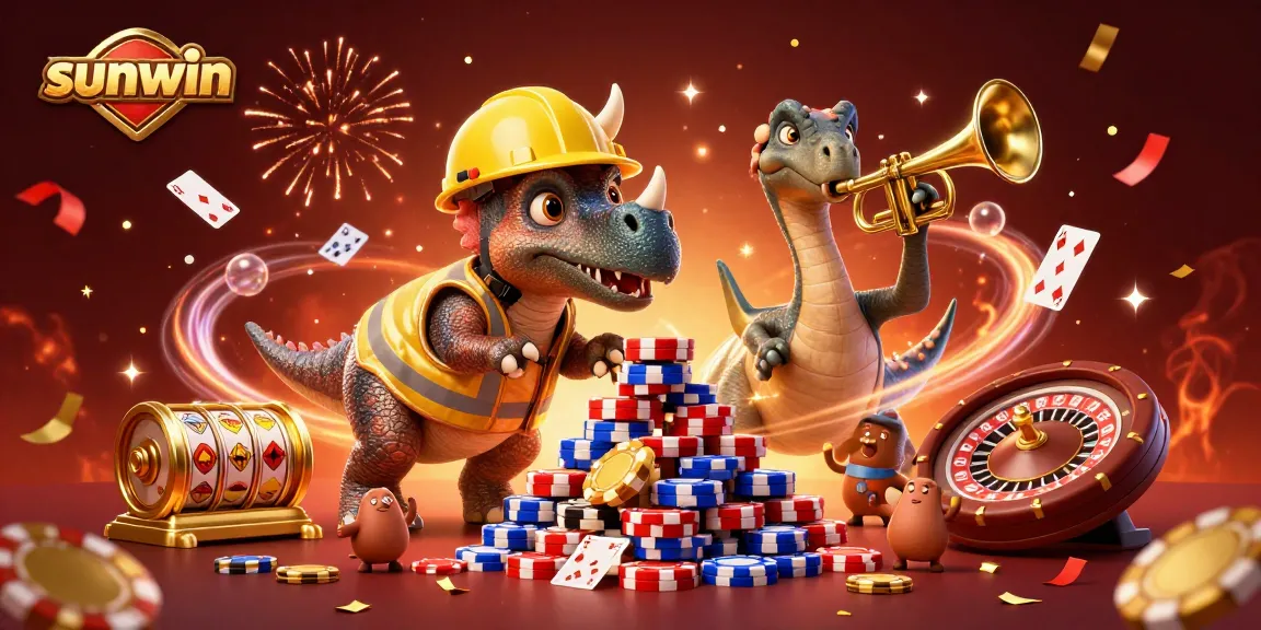 Celebrate winning strategies at sunwin with a vibrant casino scene featuring animated characters and poker elements.