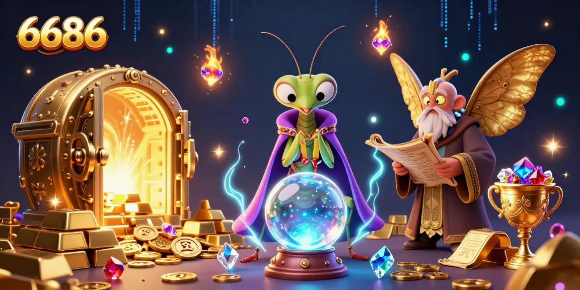Engage with 6686's vibrant casino experience surrounded by sparkling treasures and mystical fortune-tellers.