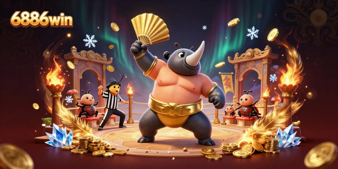Experience thrilling gameplay at 6886win with a sumo beetle champion amidst swirling golden coins in a dynamic casino scene.