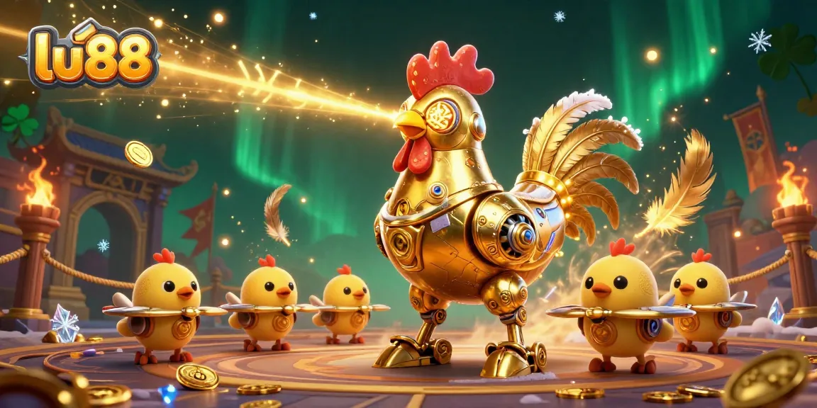 Experience thrilling gambling action with lu88's retro-futuristic characters amidst vibrant casino elements.
