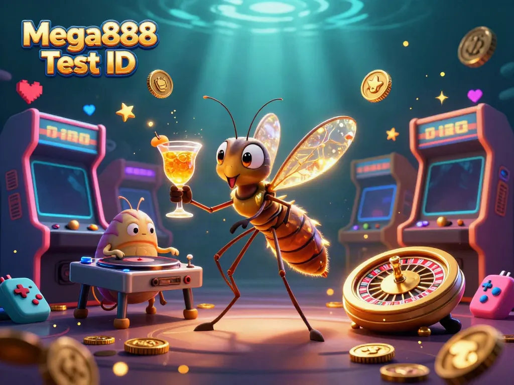 Play games with Mega888 Test ID using a vibrant casino-themed illustration showcasing a unique frozen-in-amber mascot.