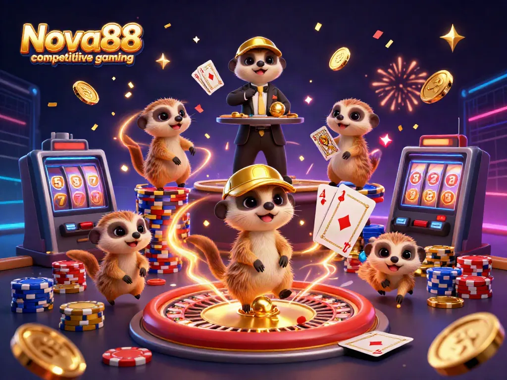Experience thrilling Nova88 competitive gaming in a vibrant meerkat casino scene filled with action.