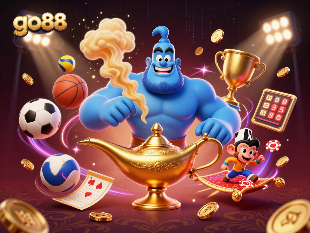 go88 sports betting illustration with a powerful blue genie and vibrant casino elements