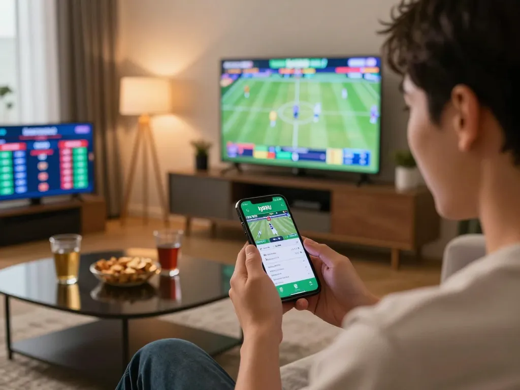 Engaging scene of person using bj88bj betting app on smartphone during live sports event