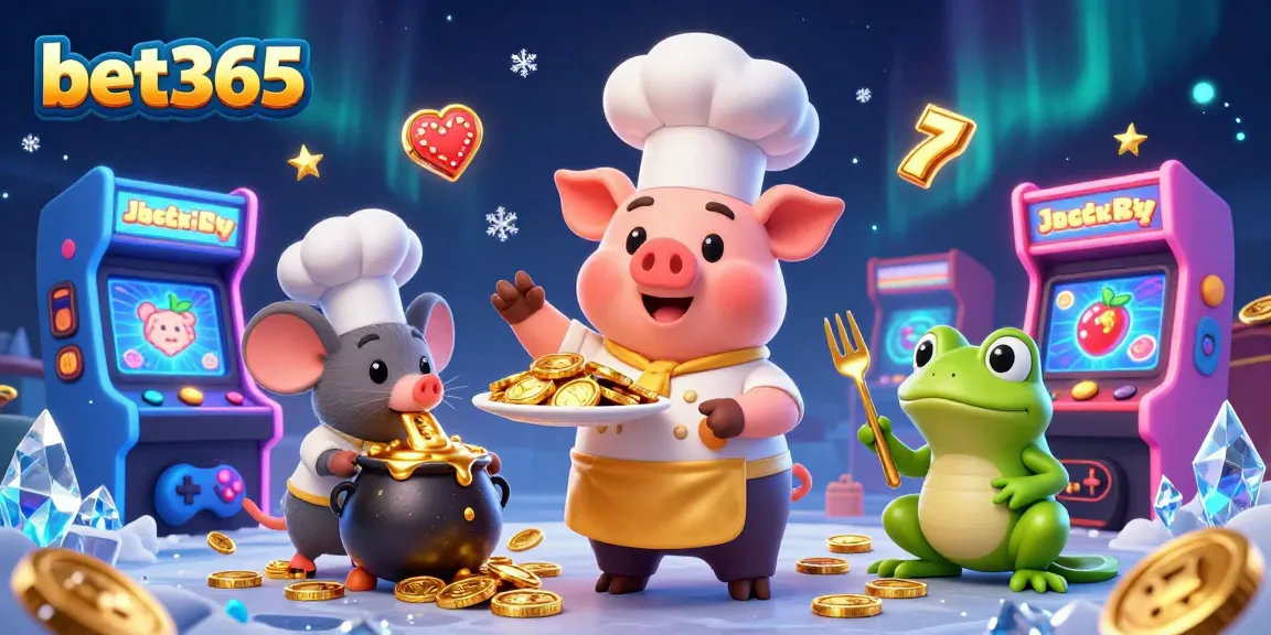 Bet365 chef pig serving a platter of gold coins in a vibrant casino scene with arcade elements.