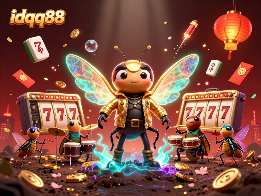 Experience thrilling slots with idqq88's vibrant 3D illustration of a rock star cicada and dynamic casino elements.
