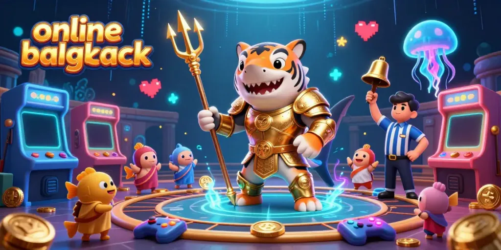 Engage in thrilling online blackjack adventures as a cartoon tiger shark leads the challenge.