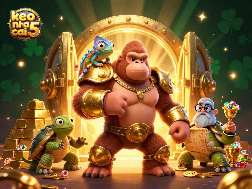 Bet on exciting outcomes with keo nha cai 5 as thrilling champions gather around a treasure trove in this vibrant casino scene.