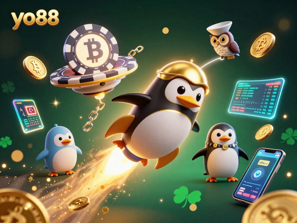 Experience the excitement of yo88 with a golden penguin racing towards a casino chip in a vibrant cosmic scene.