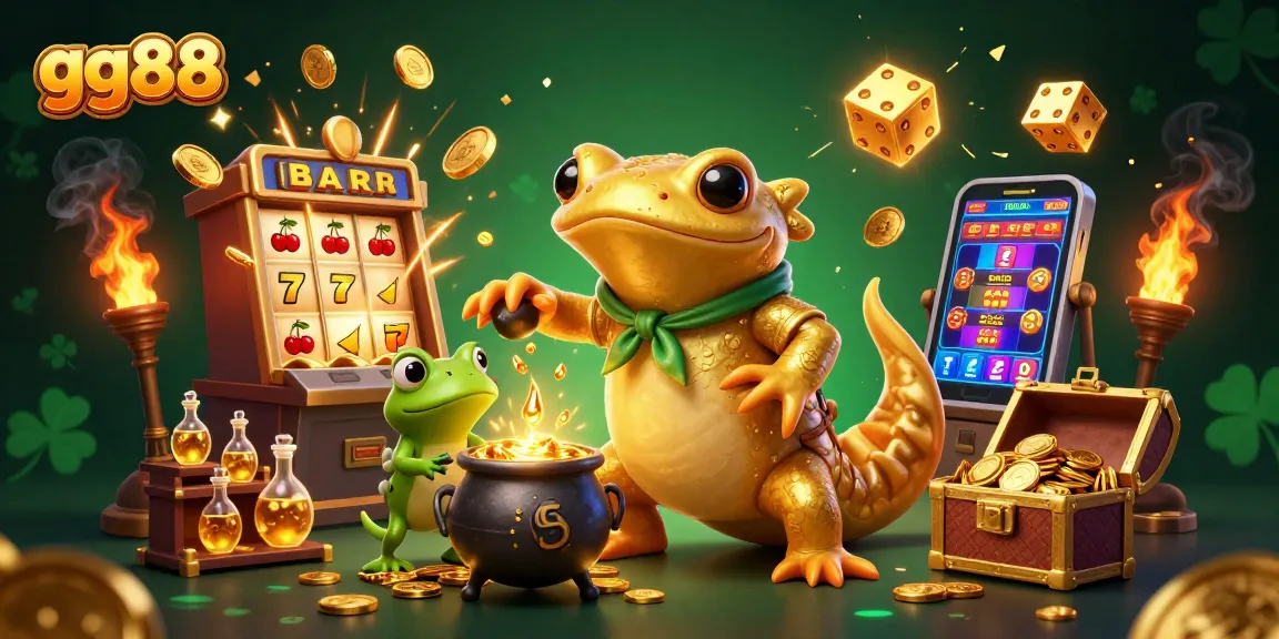 Experience the magic of gg88 with a dynamic 3D casino illustration, showcasing thrilling gold transmutations and jackpots.