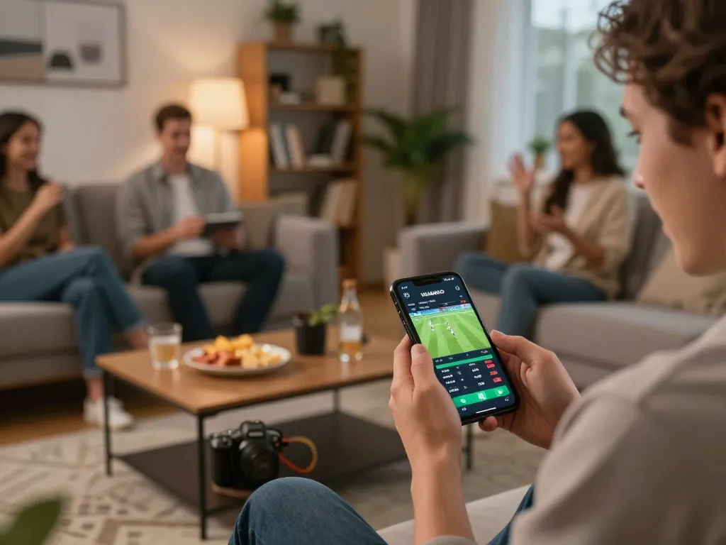 Excited bettor using VUASANCO app for live sports betting during soccer matches