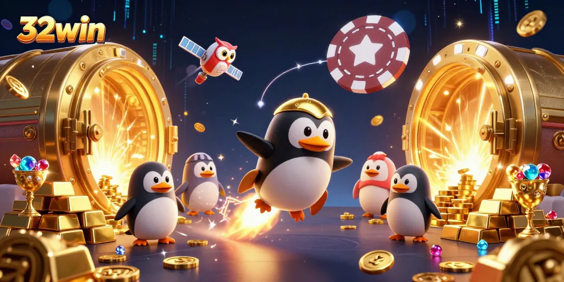 Bet on thrilling adventures with 32win as a golden penguin rockets towards a poker chip casino.