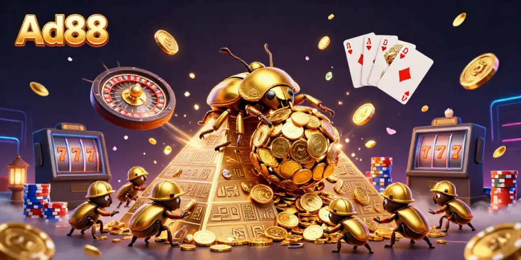 Ad88 brings luck in a vibrant, animated casino scene with dazzling coins and cards.