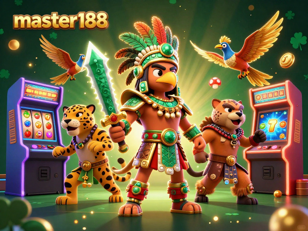 Master188 captivates players with Aztec warriors in a vibrant casino gaming scene.