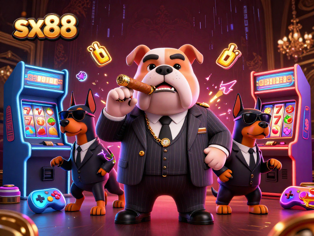 Engage in thrilling gameplay at sx88 with a vibrant 3D mafia scene, featuring gaming machines and rich casino elements.