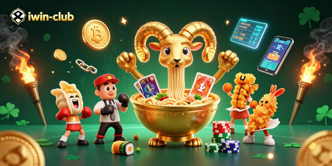 iwin-club showcases a vibrant 3D casino scene featuring a giant ramen bowl dealer surrounded by crypto elements.