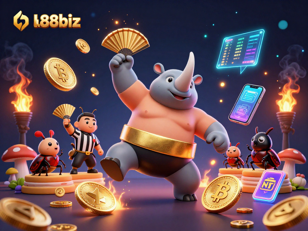 Experience thrilling gameplay at lu88biz with a cartoon beetle champion amidst golden coins and crypto elements.