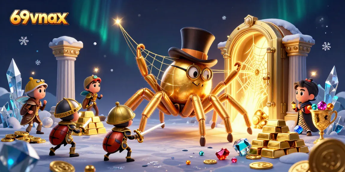 Experience thrilling action at 69vnax with our vibrant casino illustration showcasing a golden tarantula, beetle knight, and treasures.