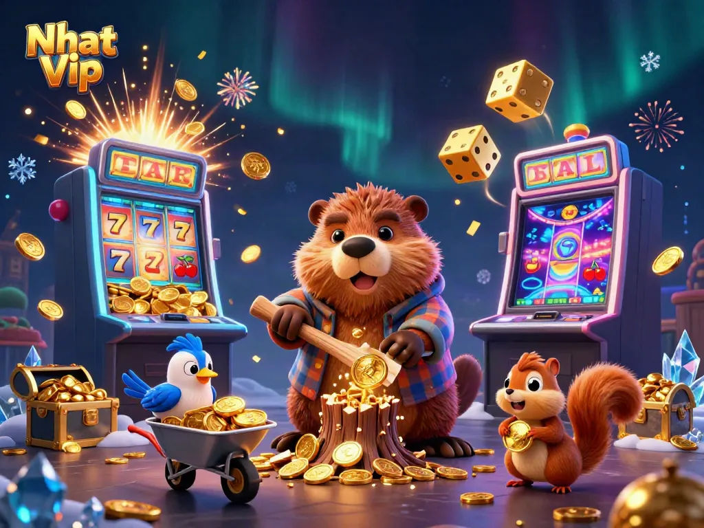 Nhat Vip casino gaming illustration with cartoon characters collecting coins and jackpot elements in vibrant colors.