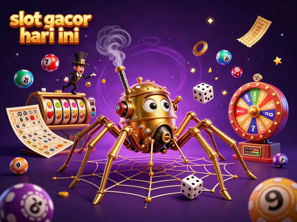 Engage with slot gacor hari ini in this colorful 3D illustration featuring a steampunk spider and dynamic casino elements.