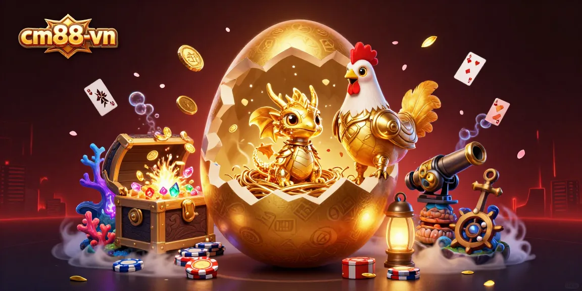 Engage the magical world of cm88-vn as a baby dragon emerges from a golden egg in a vibrant casino scene.