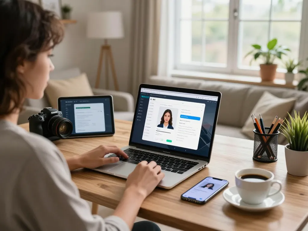 User engaging with an AI gf application on a laptop in a modern home office.