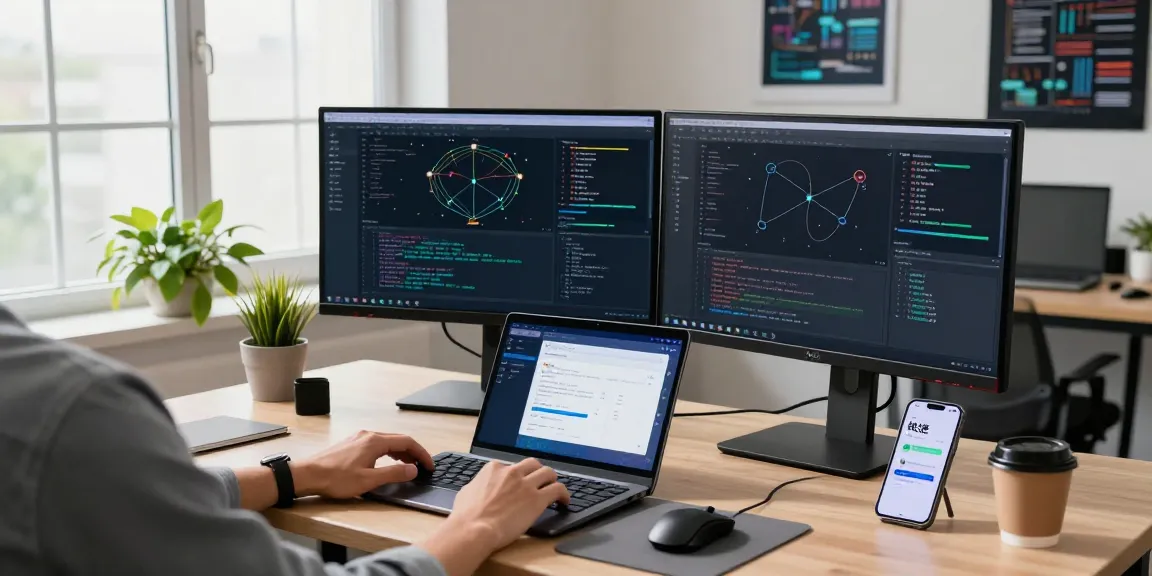 快连 app interface on a developer's desk with dual monitors in a modern workspace showcasing network optimization.