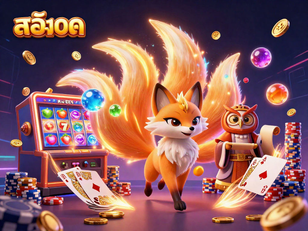 Experience vibrant สล็อต excitement with a colorful nine-tailed fox and owl in a dynamic casino scene.