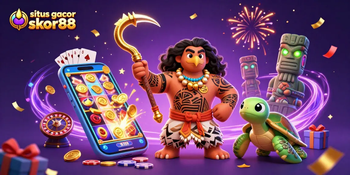 Situs gacor skor88 showcases vibrant gameplay with a Polynesian demigod and turtle in a magical casino world.