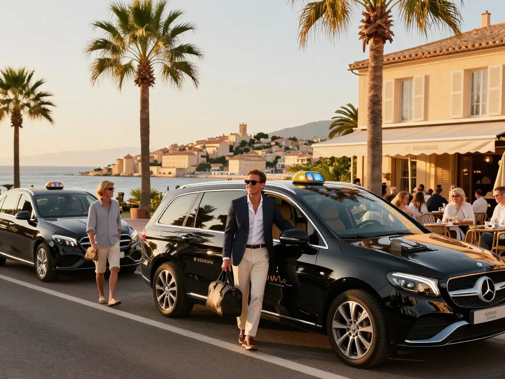Service de taxi de luxe à Saint-Tropez avec véhicule élégant et toile de fond pittoresque.