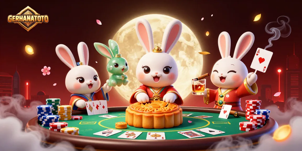 GERHANATOTO menampilkan kelinci bulan tradisional dengan chip poker di bulan yang bercahaya.
