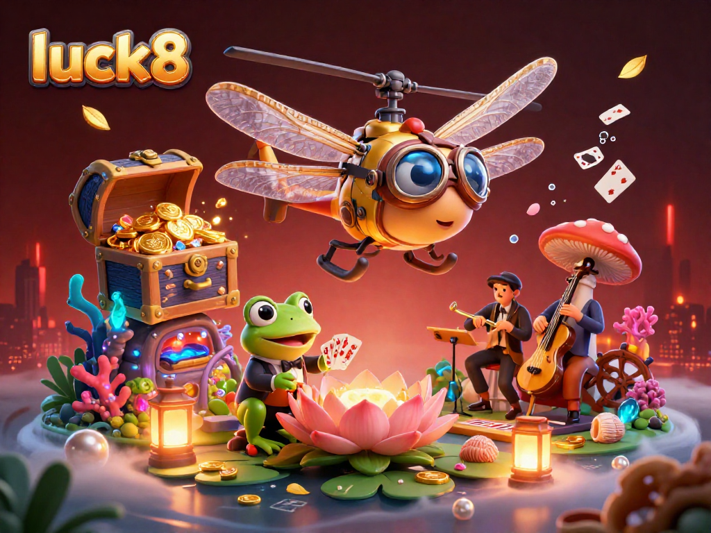 Engage in exhilarating casino action with luck8, featuring a vibrant dragonfly pilot and frog dealer.