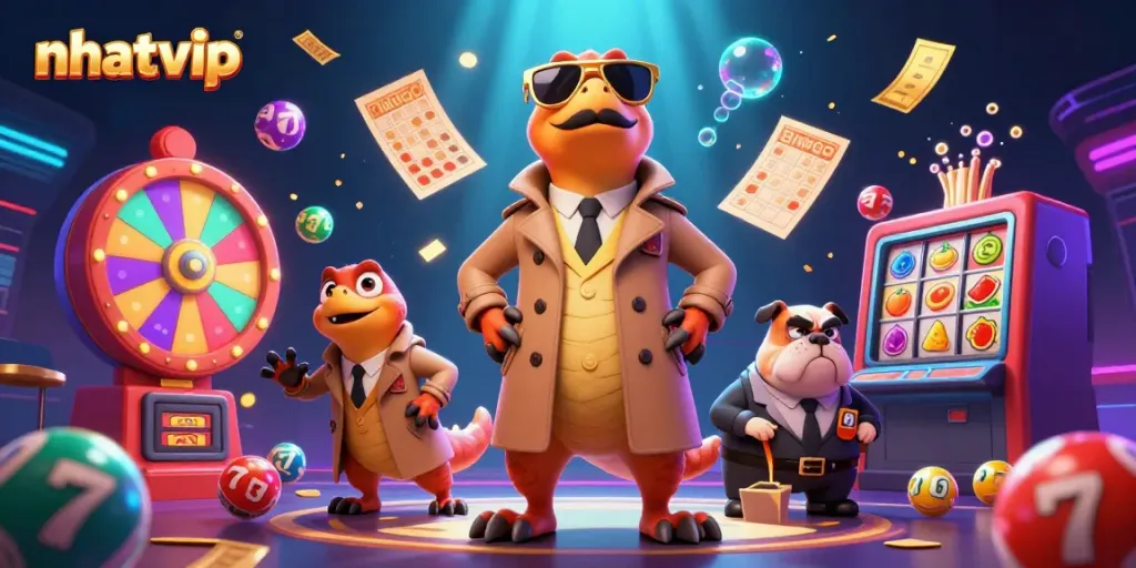 Win big at Nhatvip with vibrant casino adventures showcasing raptors sneaking into VIP lounge.