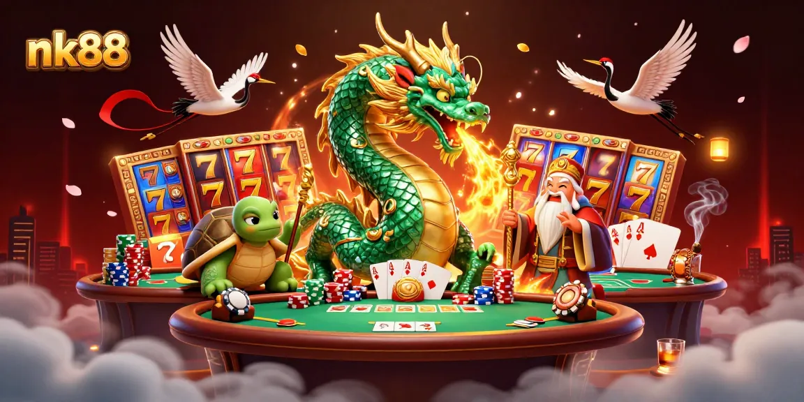 Engage in thrilling games at nk88 with an emerald jade dragon and lively casino characters.